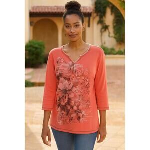 Vintage BLUE CANYON Women's Peach White Brown Floral Sequinned Soft Tunic, 3X